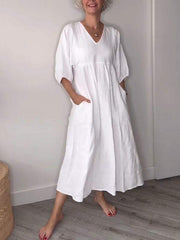Eva | Damen Lässiges Midikleid V-Ausschnitt Taschen – Casual Sommerkleid Alltag 2026