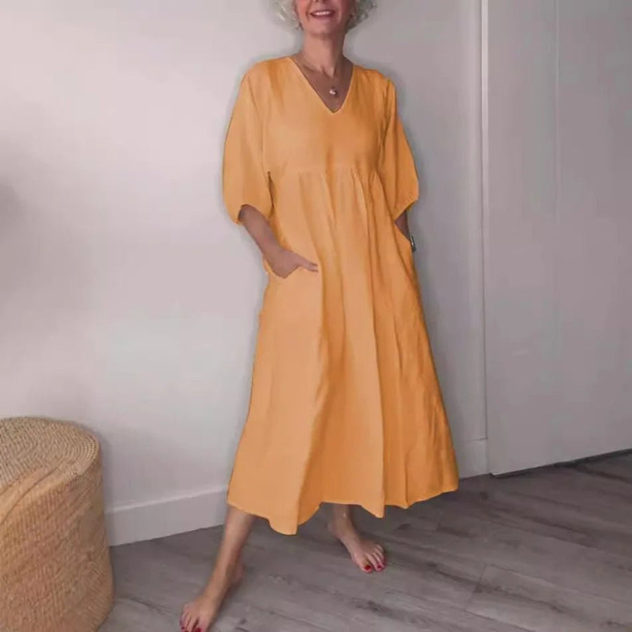 Eva | Damen Lässiges Midikleid V-Ausschnitt Taschen – Casual Sommerkleid Alltag 2026