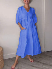 Eva | Damen Lässiges Midikleid V-Ausschnitt Taschen – Casual Sommerkleid Alltag 2026