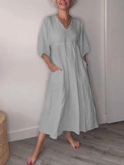 Eva | Damen Lässiges Midikleid V-Ausschnitt Taschen – Casual Sommerkleid Alltag 2026