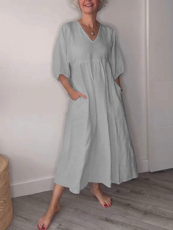 Eva | Damen Lässiges Midikleid V-Ausschnitt Taschen – Casual Sommerkleid Alltag 2026