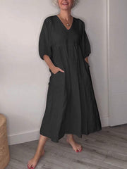 Eva | Damen Lässiges Midikleid V-Ausschnitt Taschen – Casual Sommerkleid Alltag 2026