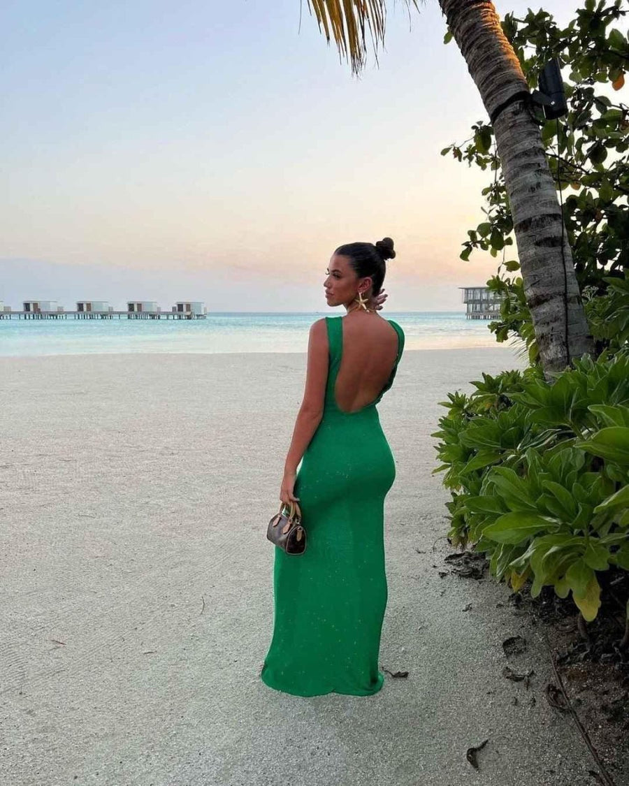 Elara – Schimmerndes Maxikleid mit figurbetonter Silhouette