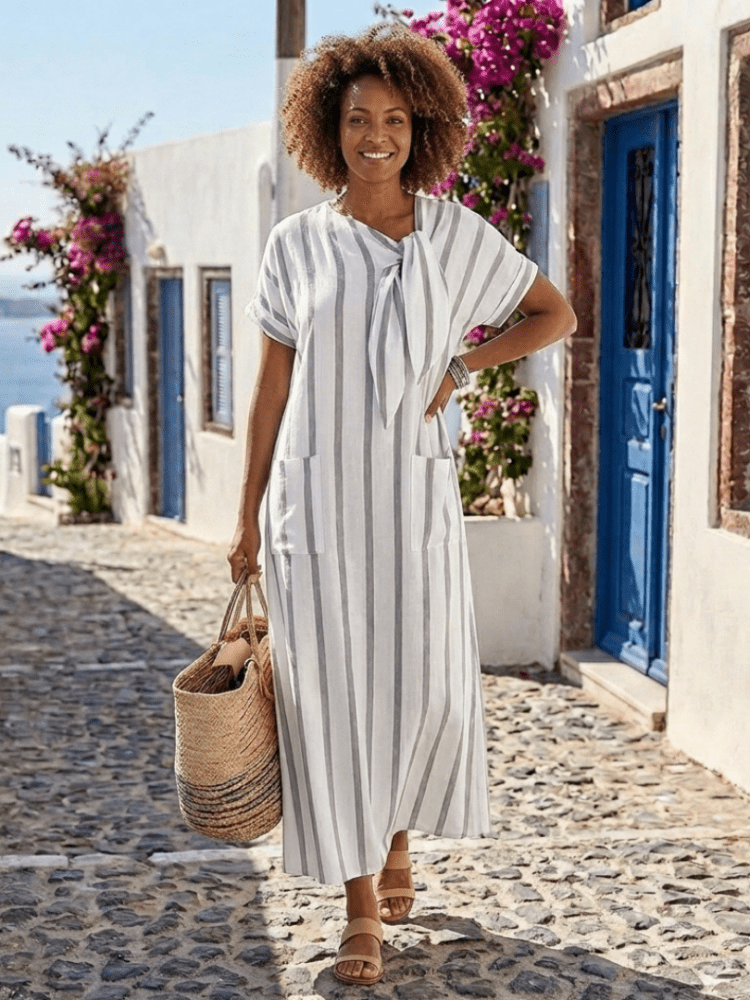 Elaris | Damen Gestreiftes Midikleid Bindeausschnitt – Streifen Sommerkleid Midi 2026