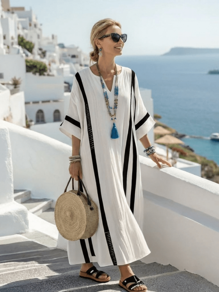 Elvira | Damen Farbblock Maxikleid Kurzarm – Colorblock Sommerkleid für Urlaub 2026