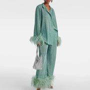 Glitzer Abendkleid Set mit Federärmeln & Hosenbeinen