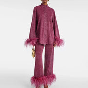 Glitzer Abendkleid Set mit Federärmeln & Hosenbeinen