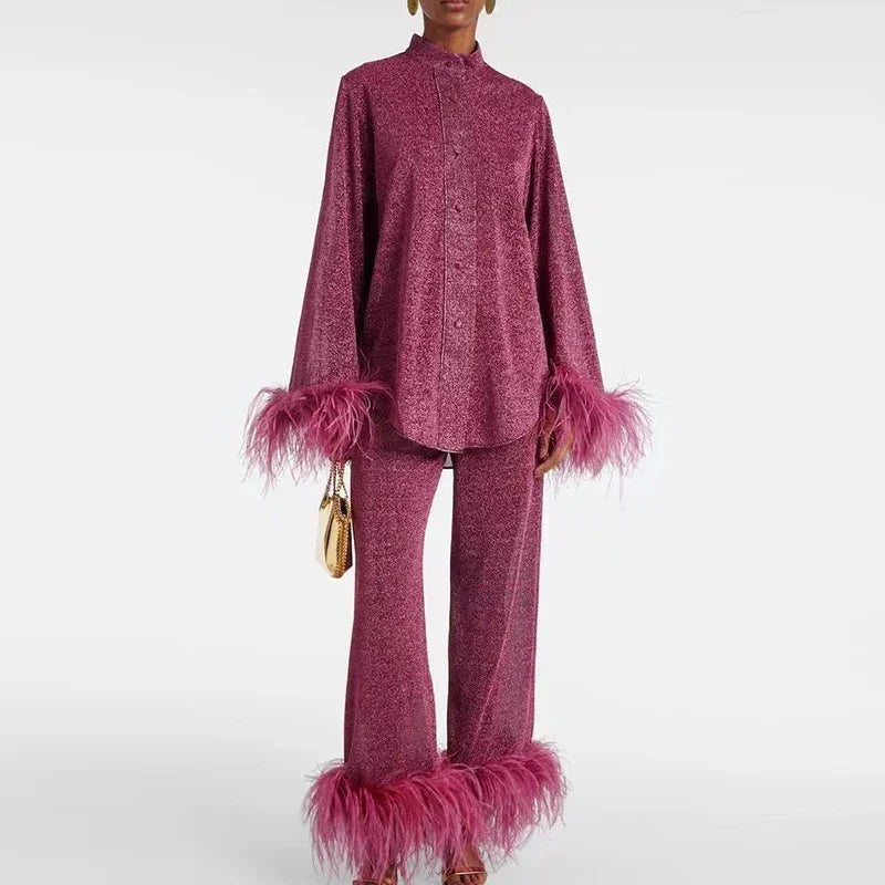 Glitzer Abendkleid Set mit Federärmeln & Hosenbeinen