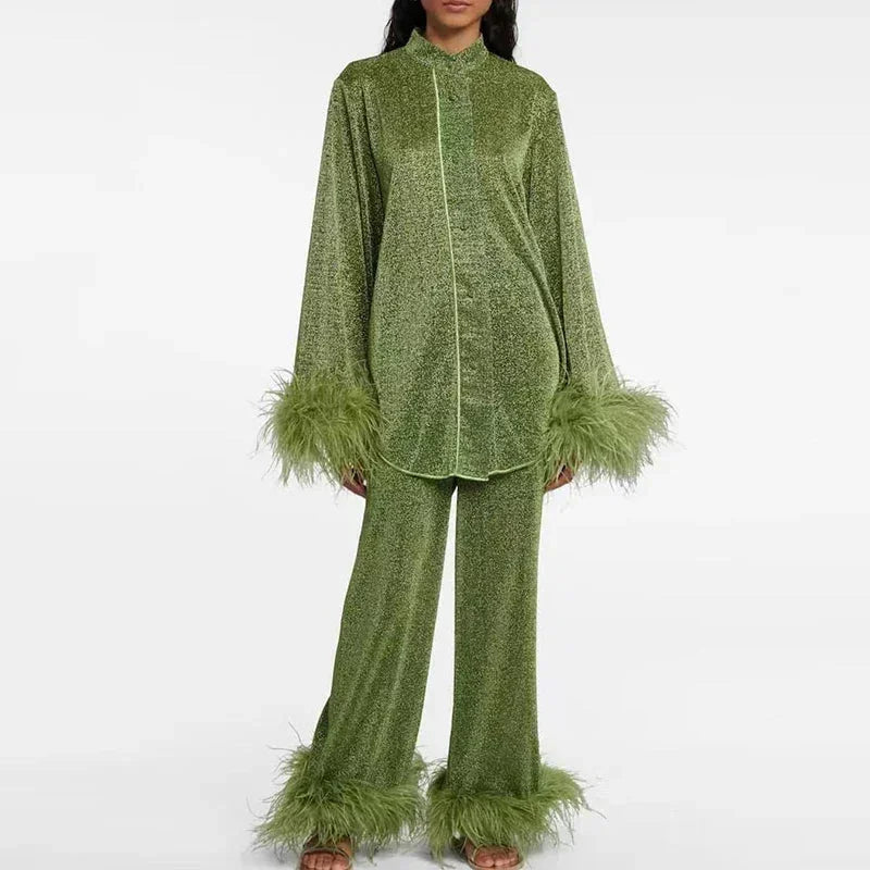 Glitzer Abendkleid Set mit Federärmeln & Hosenbeinen