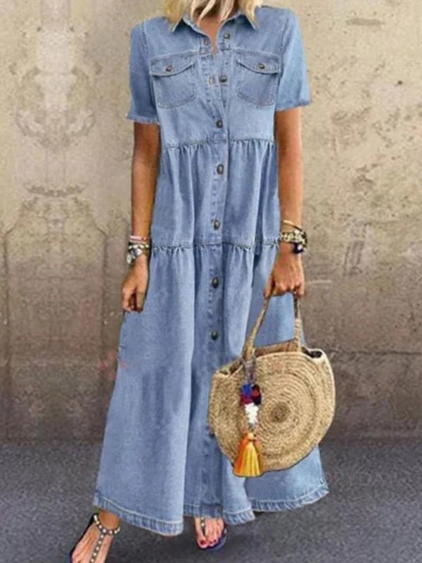 Heidi-Mode | Europäischer und amerikanischer Denim-Stil langes Mehrknopf-verwüstetes Kleid