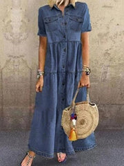 Heidi-Mode | Europäischer und amerikanischer Denim-Stil langes Mehrknopf-verwüstetes Kleid