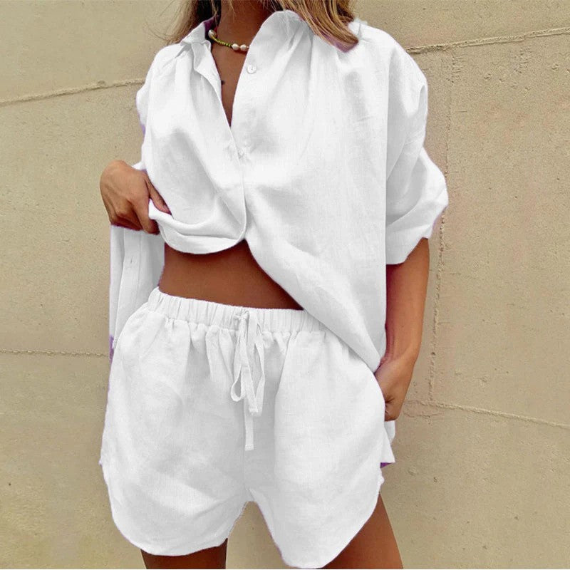 Leichtes Damen Sommer-Set: Bluse & Hose aus Leinen-Mix