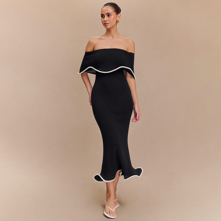Langes Damenkleid mit Bardot-Ausschnitt und Rüschen im Meerjungfrauen-Stil - Camila