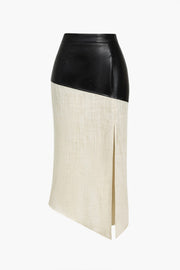 Danica | Eleganter Midirock mit asymmetrischem Kunstleder und Leinen-Design