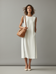 Weißes Midikleid aus Baumwolle mit Kontrastpaspeln