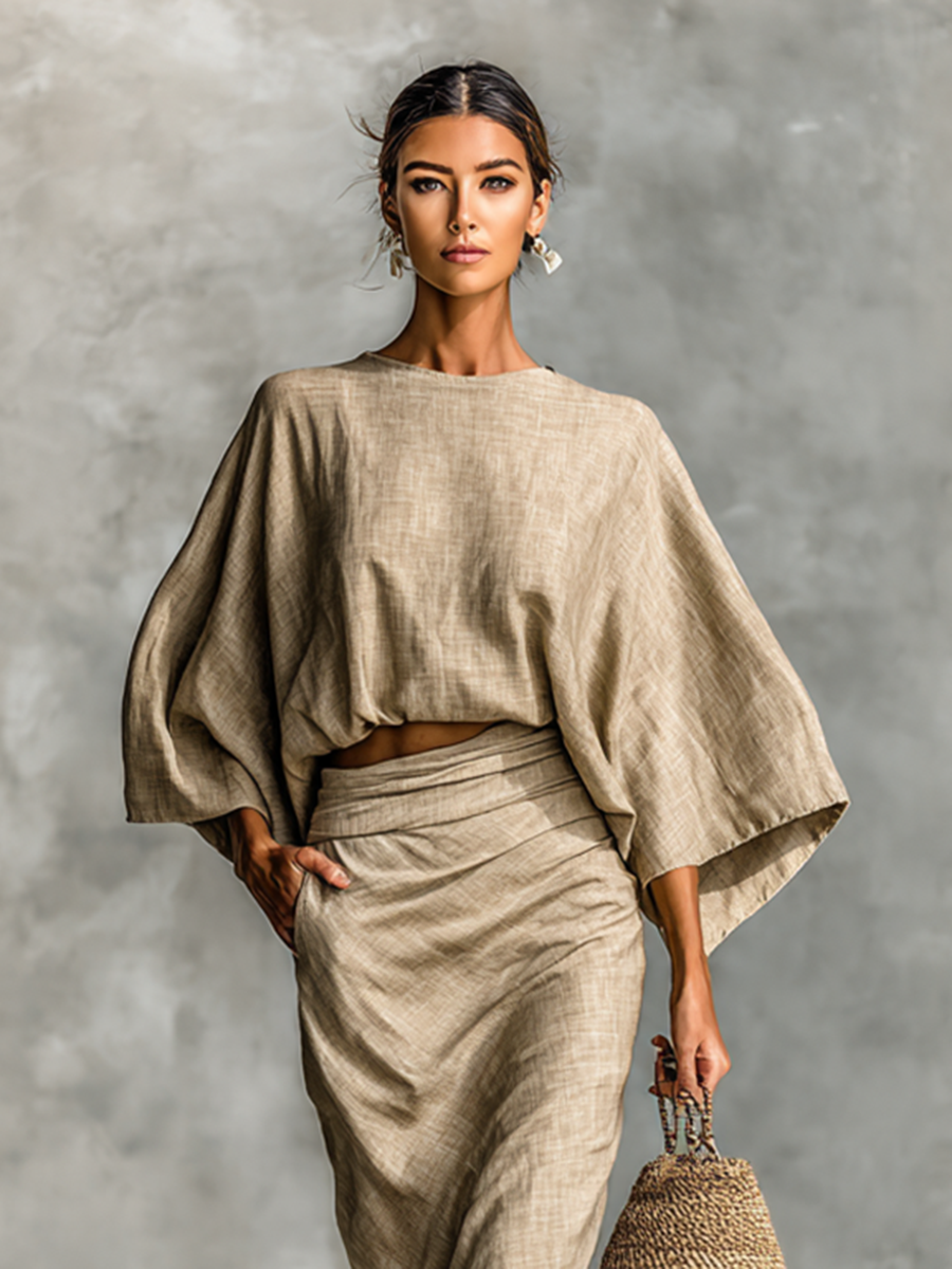 Set aus Batwing-Oberteil und Maxirock aus Leinenmischung für Damen