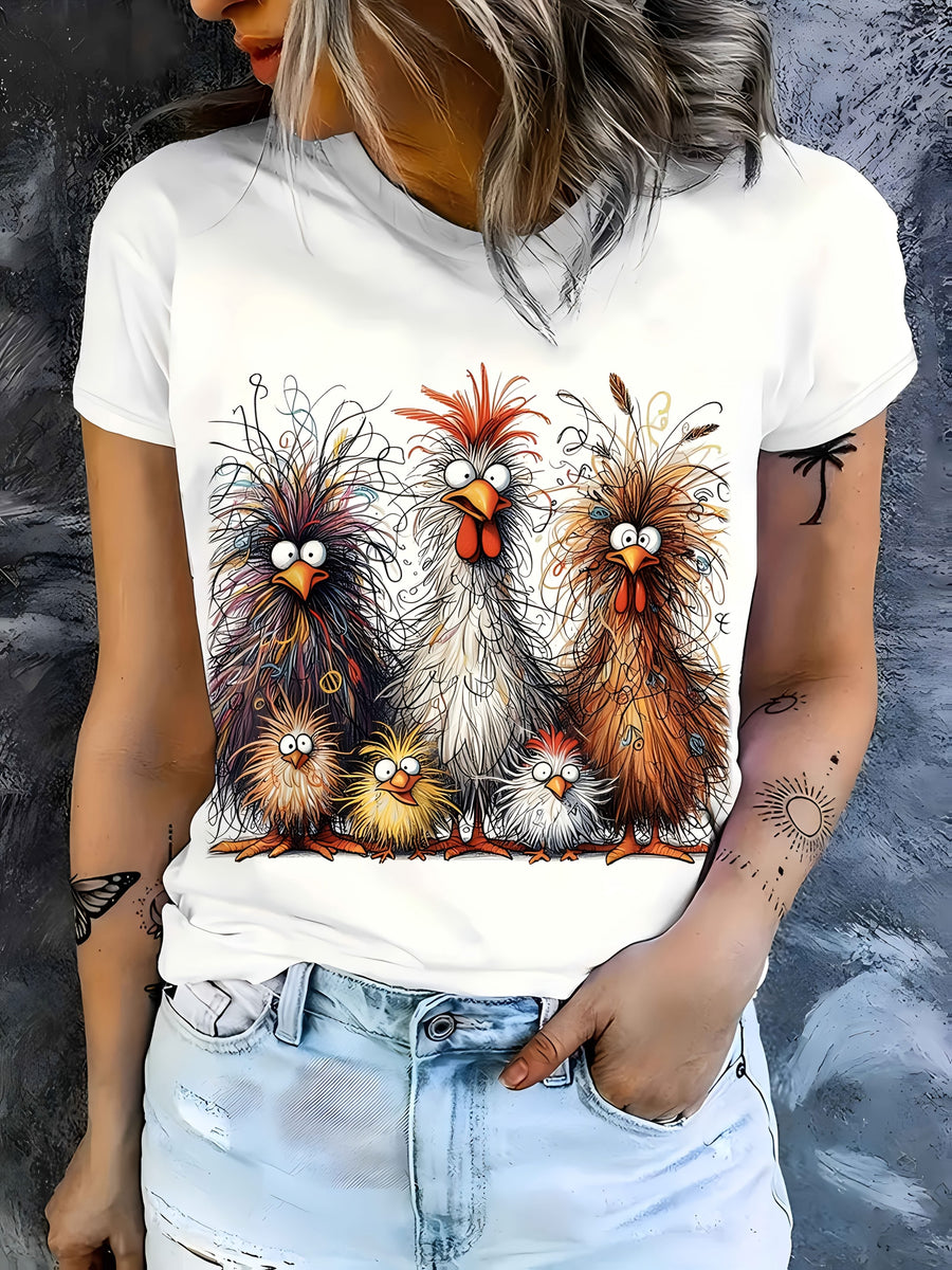 Heidi-Mode | Damen T-Shirt Sommershirt mit Hühnerdruck, Rundhalsausschnitt, Kurze Ärmel, Lässig und Komfortabel