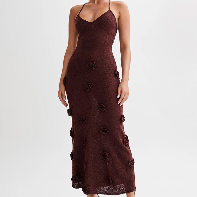 Maxikleid mit Spaghettiträgern und 3D-Blumenapplikationen für Damen