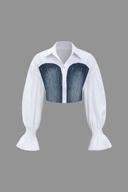 Sunniva | Cropped-Hemd mit Denim-Korsagen und voluminösen Ärmeln