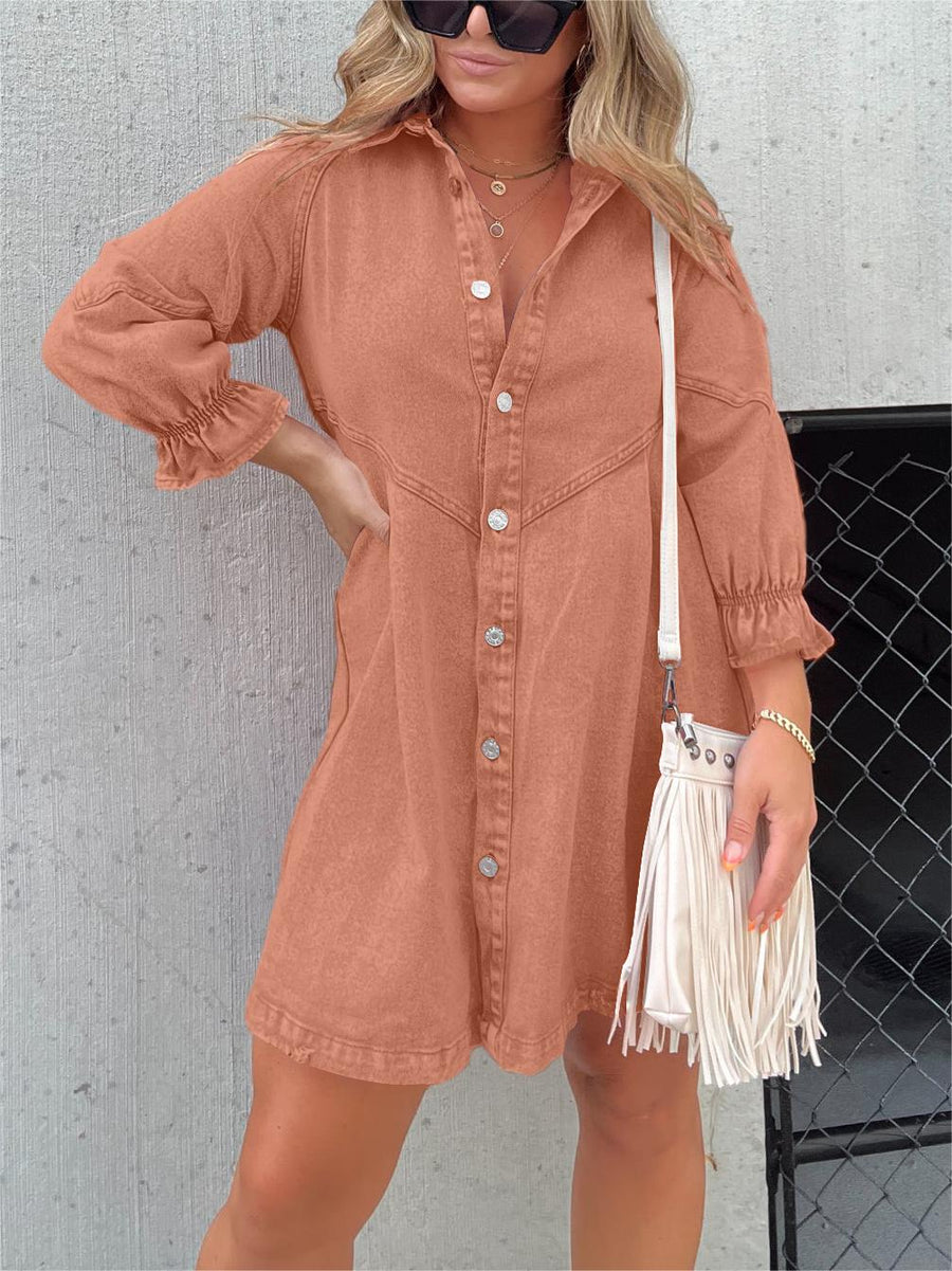 Nola | Stilvolles Denim-Midi-Kleid mit Umlegekragen