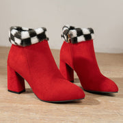 Rote Damen Stiefeletten – Elegante Ankle Boots mit Karierter Fellbesatz und Blockabsatz