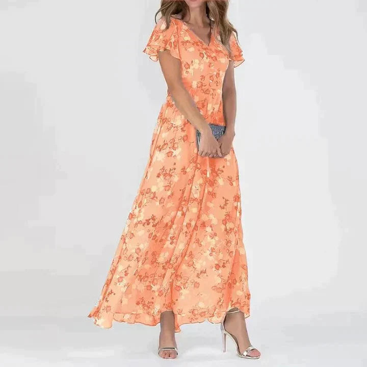 Romantisches blumenmaxikleid mit rüschen