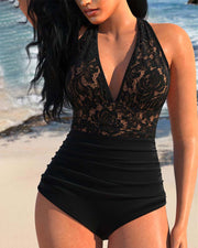 Heidi-Mode | Badeanzug mit Halterneck und Spitzenfalten