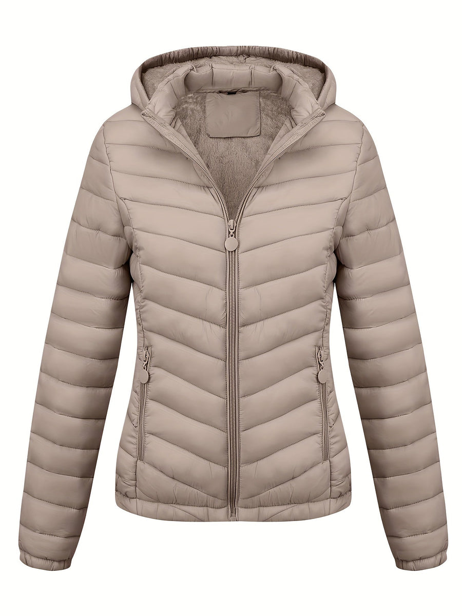 Moderne Pufferjacke Mit Reißverschluss Für Damen | Schräge Taschen