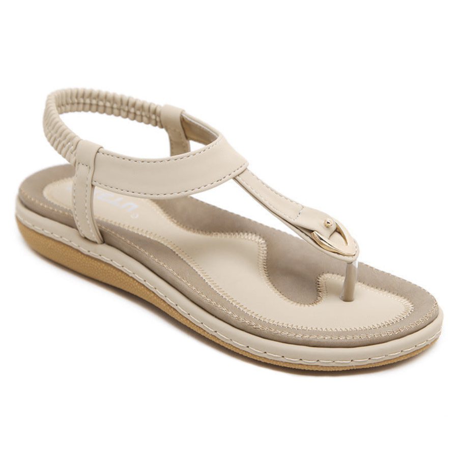 Flache Damen-Sandalen mit T-Riemen und Metalldetail