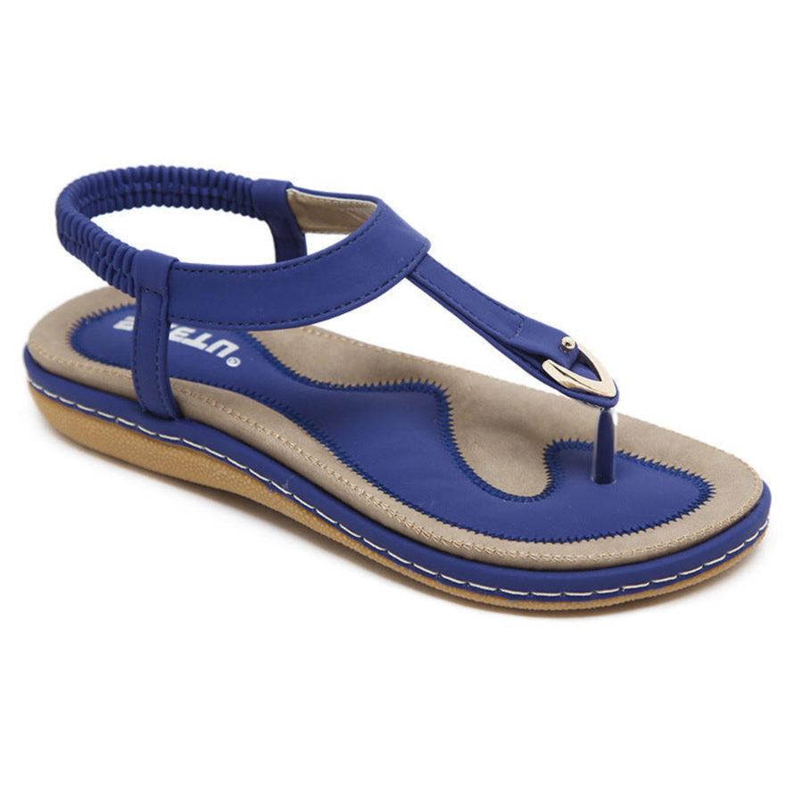 Flache Damen-Sandalen mit T-Riemen und Metalldetail