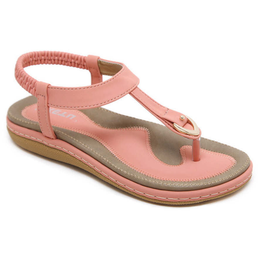 Flache Damen-Sandalen mit T-Riemen und Metalldetail