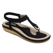 Flache Damen-Sandalen mit T-Riemen und Metalldetail