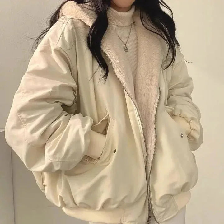 Damen Wende Bomberjacke mit Teddyfutter und Kapuze