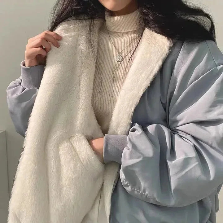 Damen Wende Bomberjacke mit Teddyfutter und Kapuze