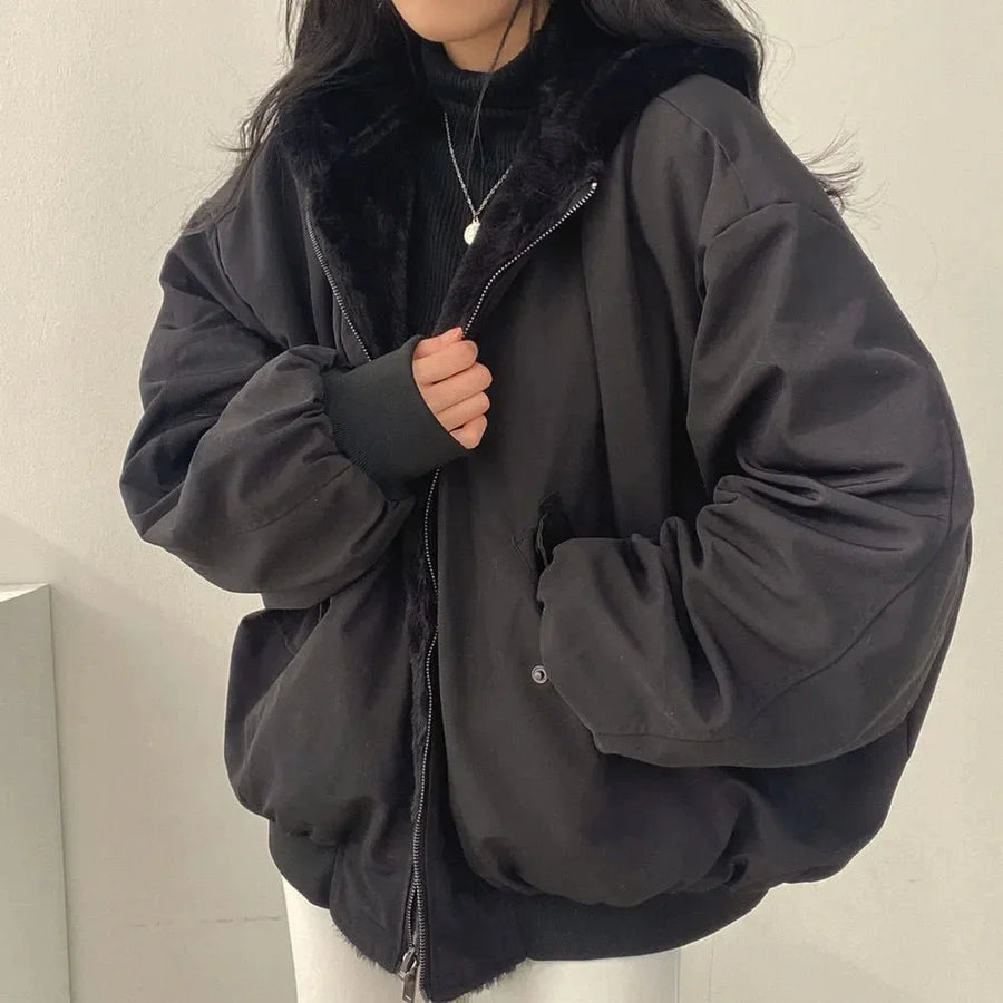 Damen Wende Bomberjacke mit Teddyfutter und Kapuze
