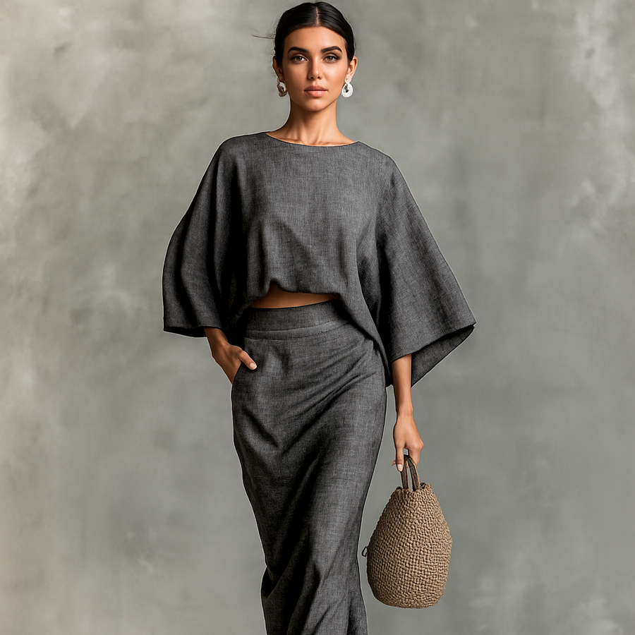 Set aus Batwing-Oberteil und Maxirock aus Leinenmischung für Damen