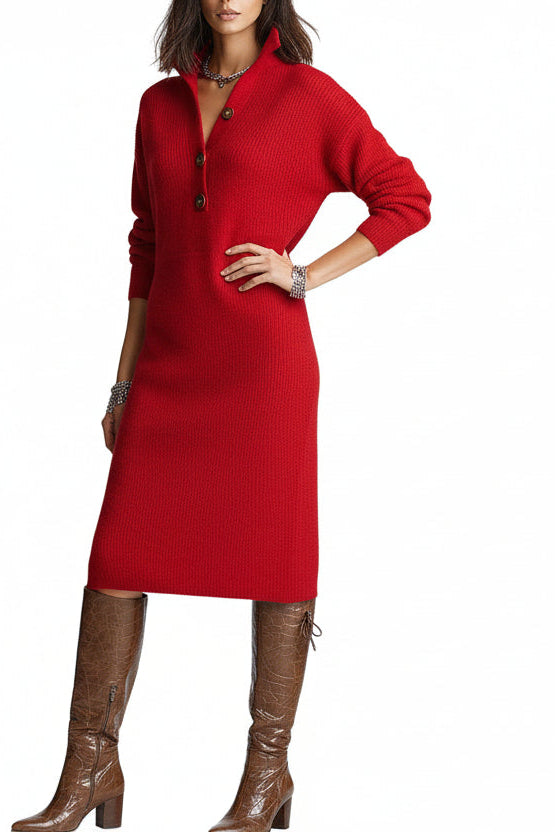 Geripptes Damen-Midikleid aus Strick mit Knopfleiste