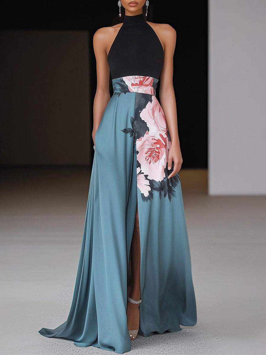 Greta | Halter-Maxikleid mit Blumenmuster und Schlitz