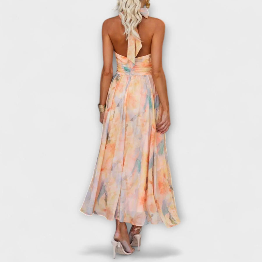Halterneck Maxikleid mit Aquarelldruck in Pastelltönen