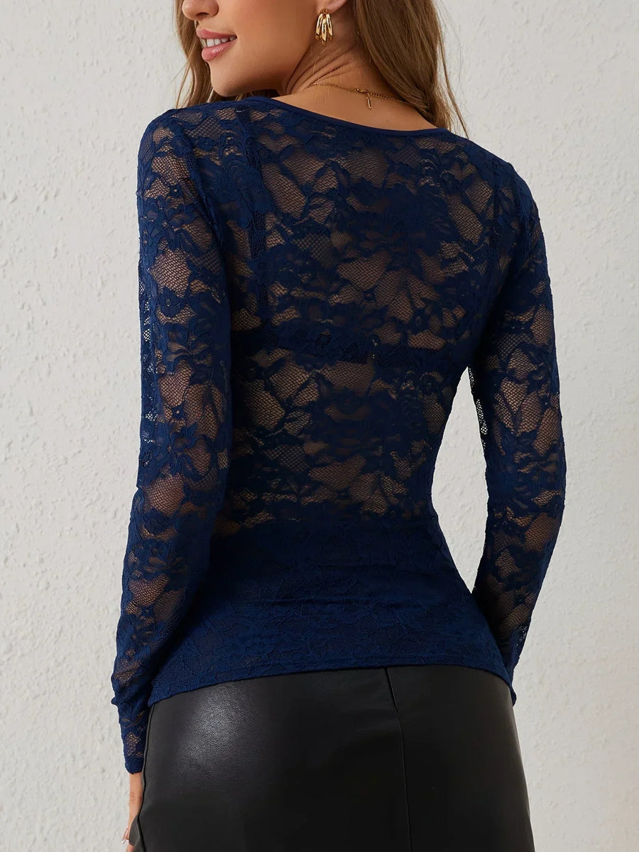 Elegantes Spitzen-Kleid Damen Langarm V-Ausschnitt