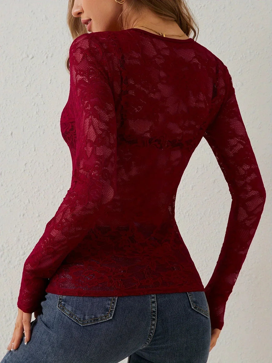 Elegantes Spitzen-Kleid Damen Langarm V-Ausschnitt