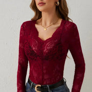 Elegantes Spitzen-Kleid Damen Langarm V-Ausschnitt