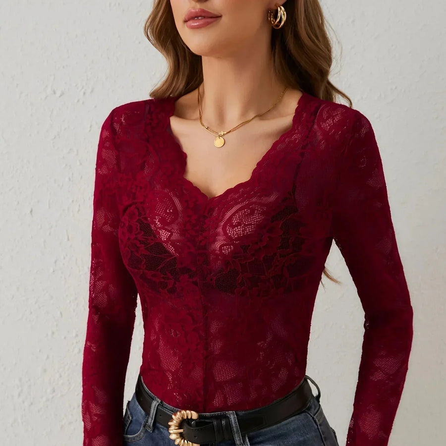 Elegantes Spitzen-Kleid Damen Langarm V-Ausschnitt