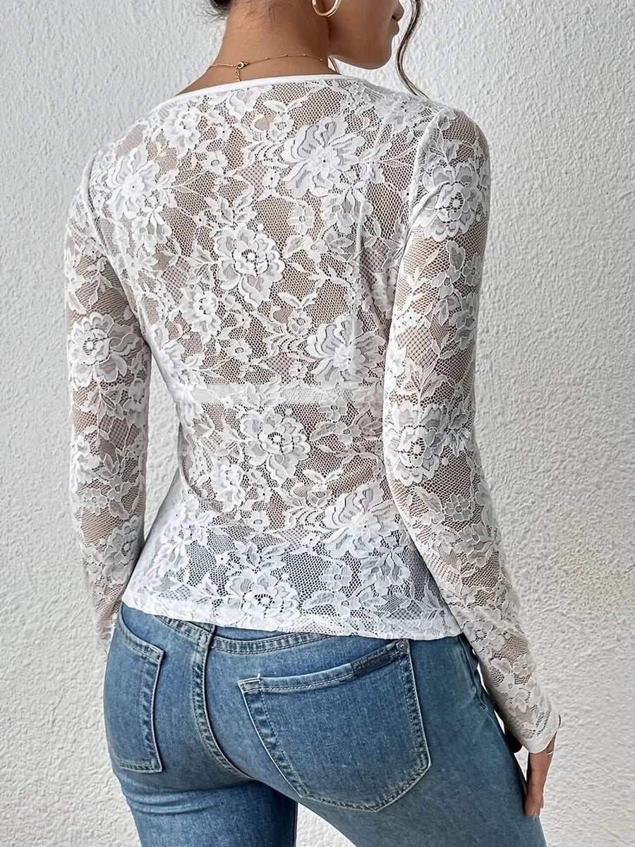 Elegantes Spitzen-Kleid Damen Langarm V-Ausschnitt