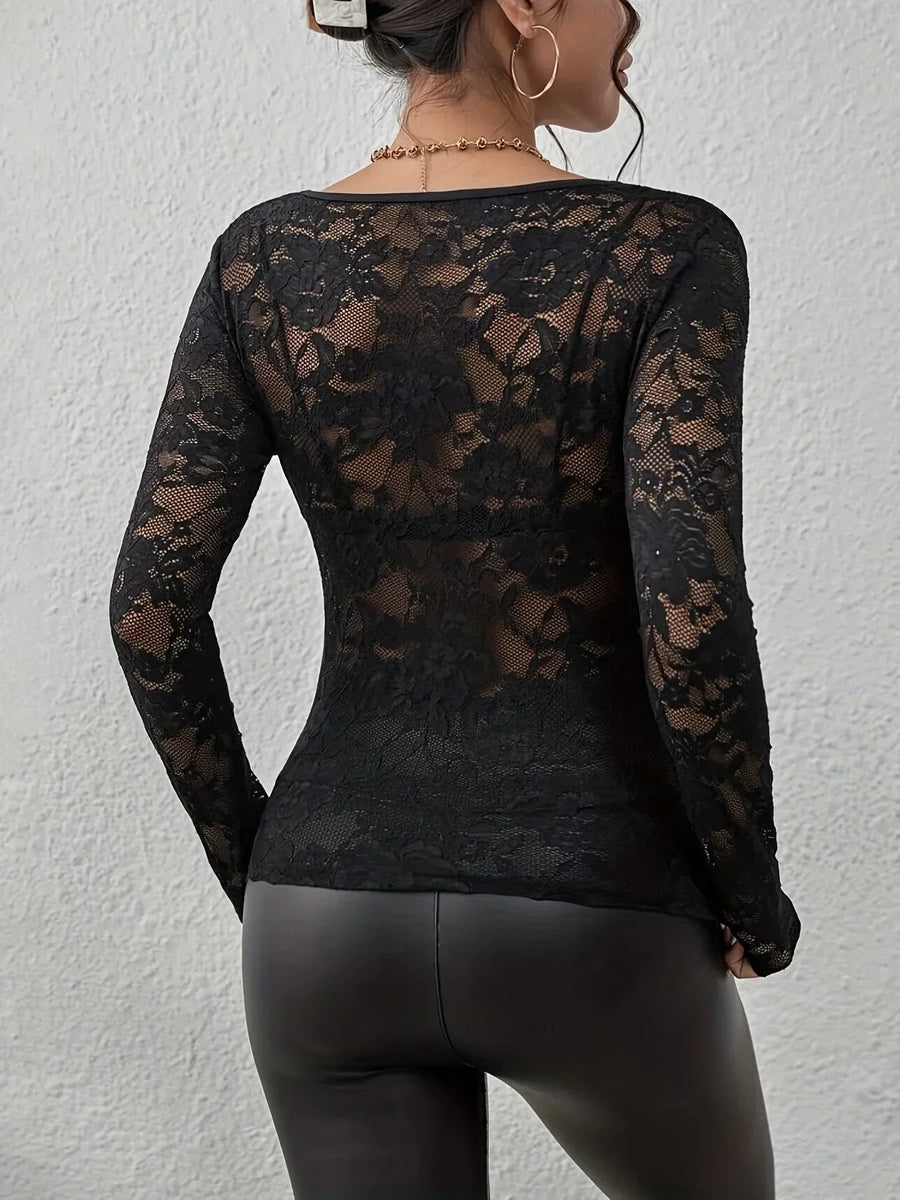 Elegantes Spitzen-Kleid Damen Langarm V-Ausschnitt