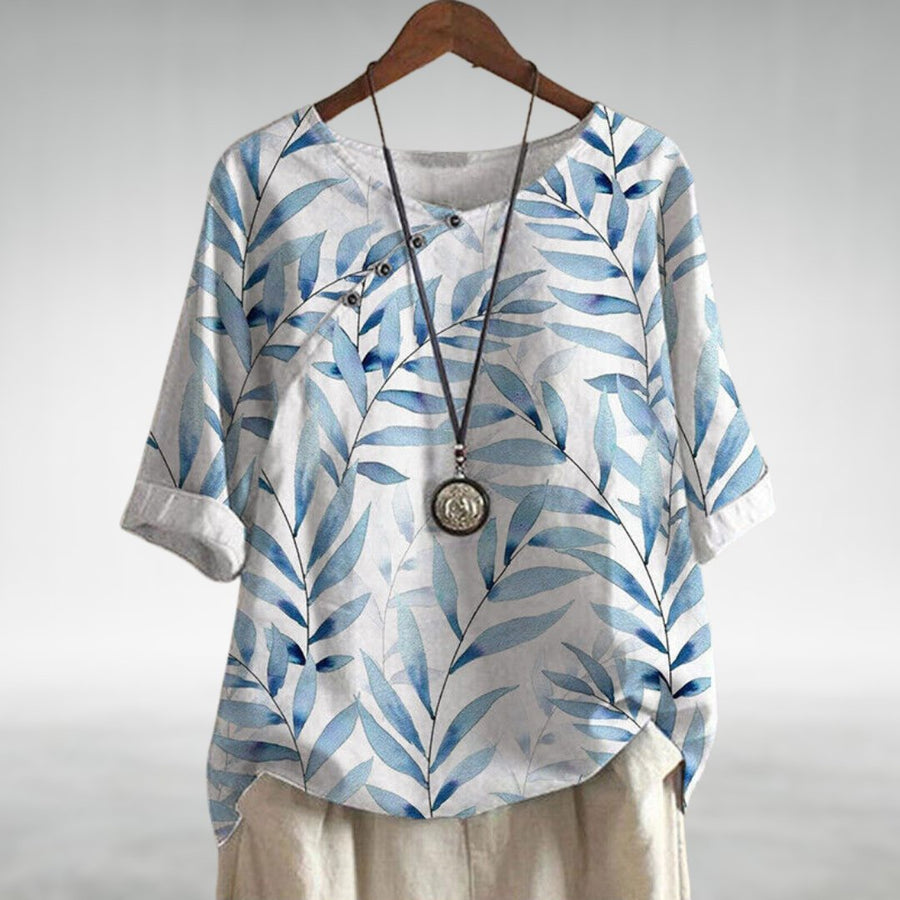 Amalie | Avslappet Bluse med Bladtrykk og Knapper for Kvinner