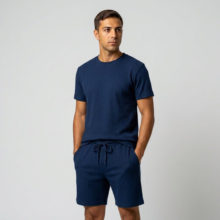 Herren Geripptes Set Mit Kurzarm Shirt Und Shorts