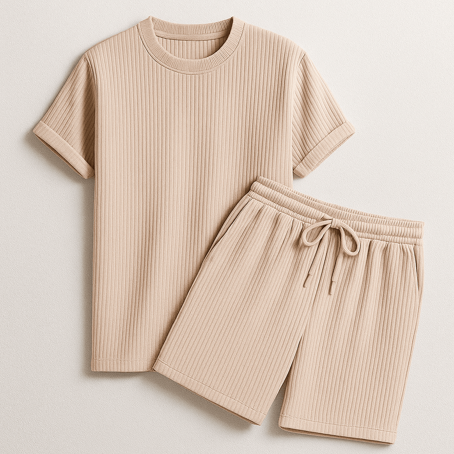 Herren Geripptes Set Mit Kurzarm Shirt Und Shorts