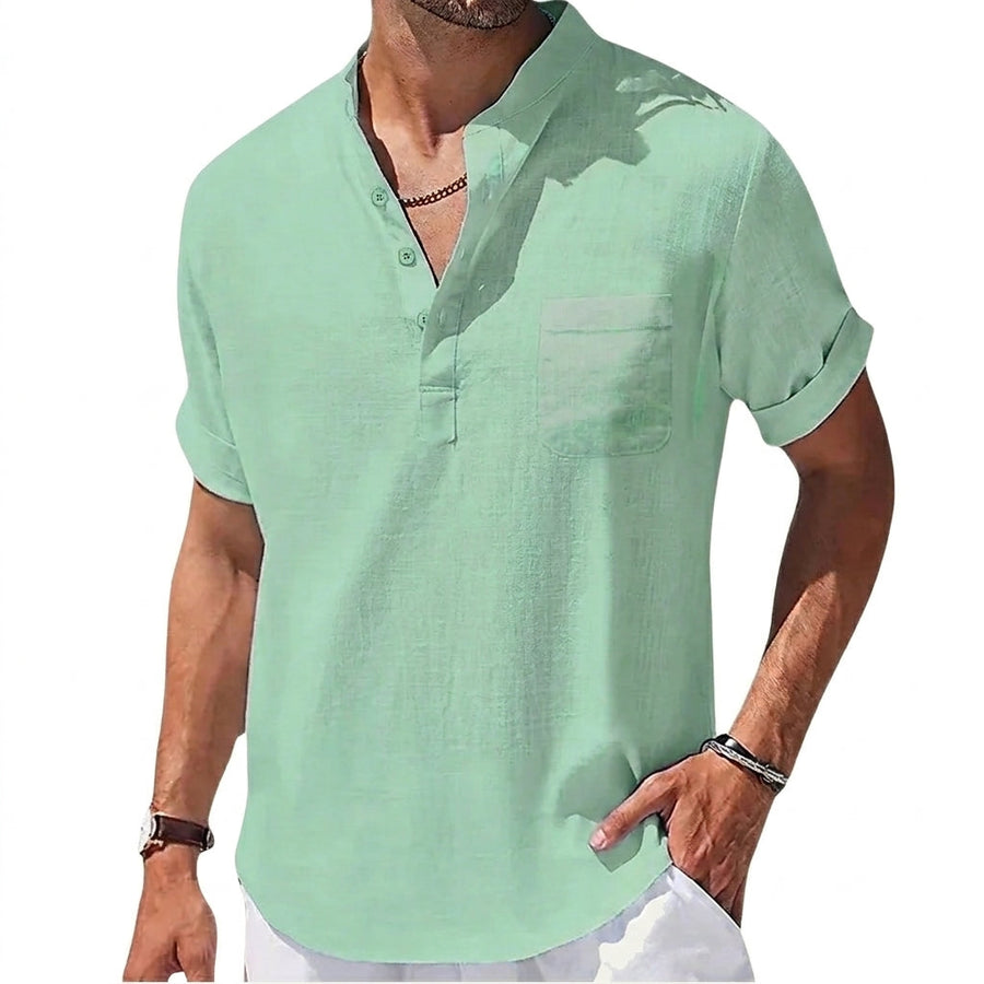 Herren Henley Hemd mit Kurzarm und Stehkragen und Brusttasche