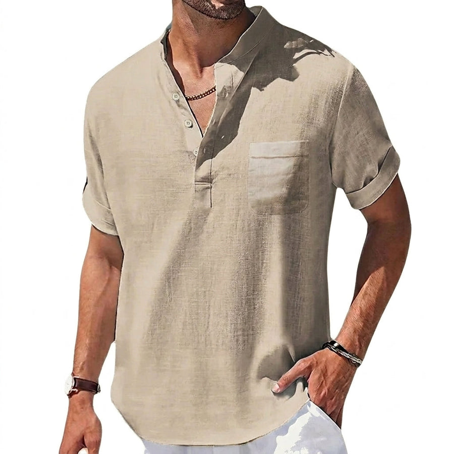 Herren Henley Hemd mit Kurzarm und Stehkragen und Brusttasche